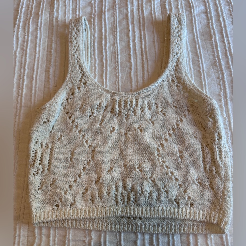 Rachel Zoe Cream Crochet Knit Tank Gold Thread XS Cottagecore Boho Crop Top